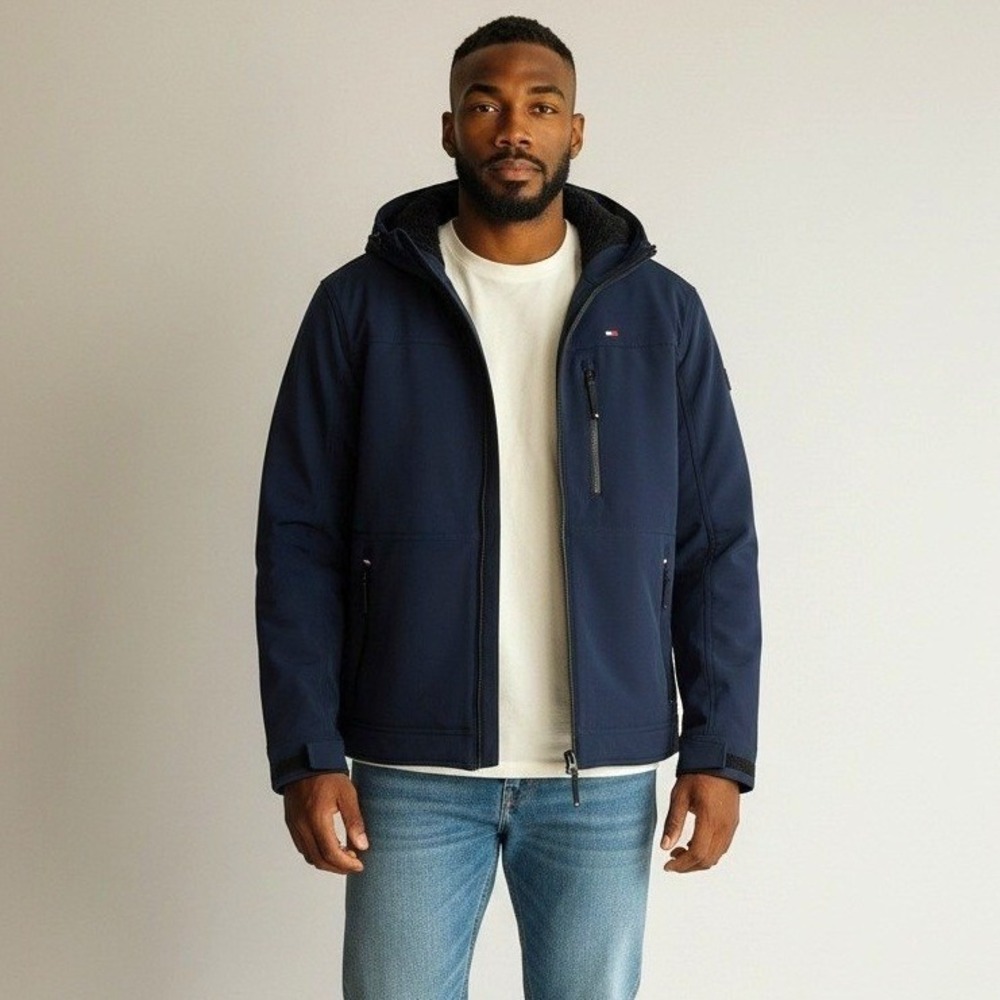 Tommy Hilfiger Mens Navy Blue Hooded Softshell Fleece Lined Jacket Size XL